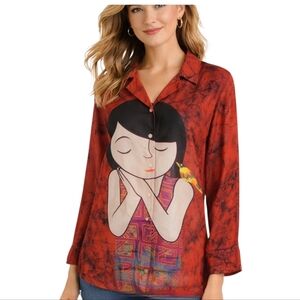 Chico’s Geisha Bird Red Silk Blouse – XL